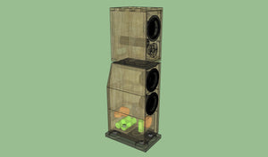 Stacked speakers with visible components on a green background. Arke Mikros and Altus CAD drawing